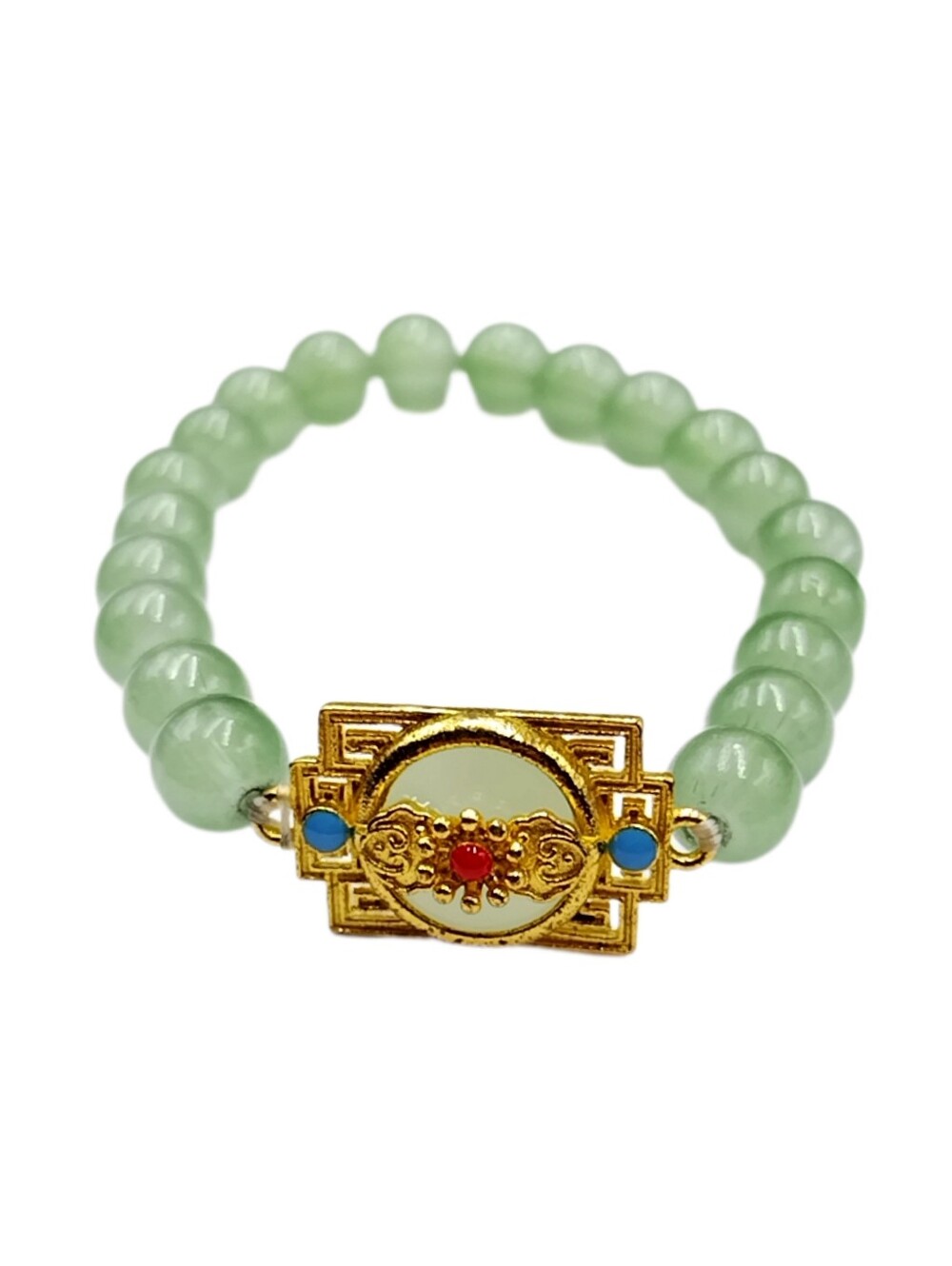 Green Glass Beads Stretch Bracelet w/ Gold Accent